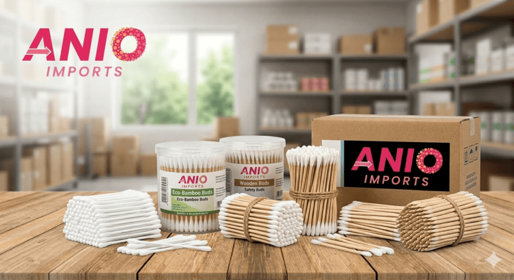 Premium bulk cotton buds including bamboo, wooden, paper, and plastic sticks importer by Anio Imports in Bangladesh.